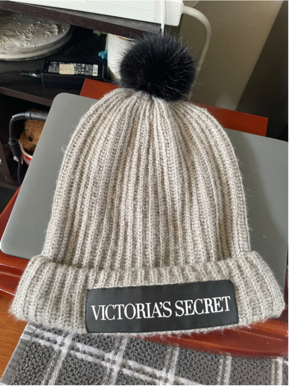 Women's Victoria's Secret Gray Beanie Hat One Size with Black Pom